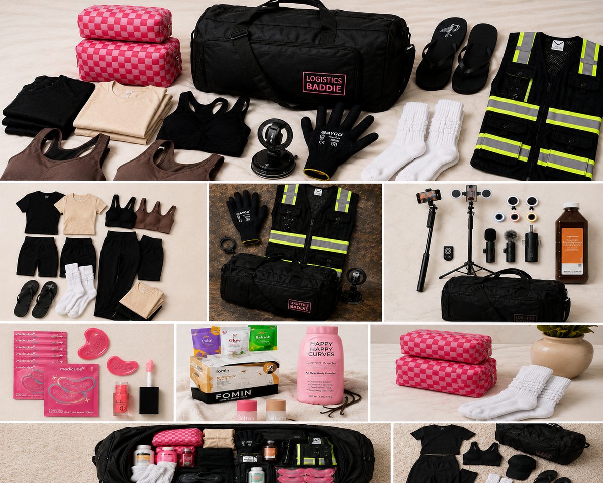 Full flat lay of everything packed for this trip: duffle bag, safety vest, work gloves, clothing, self-care, and content gear