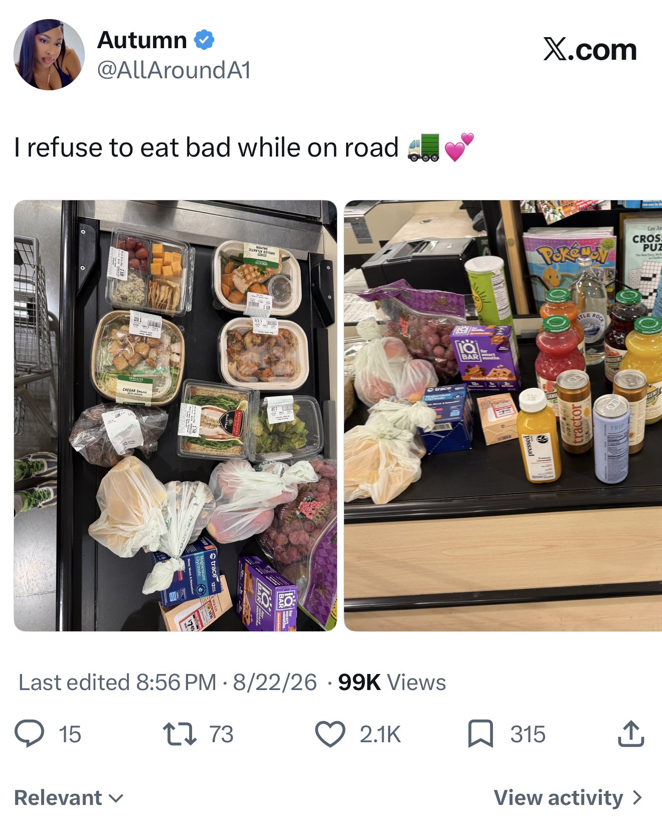 Screenshot of Autumn's X post showing 99K views, 73 reposts, 2.1K likes, and 315 bookmarks